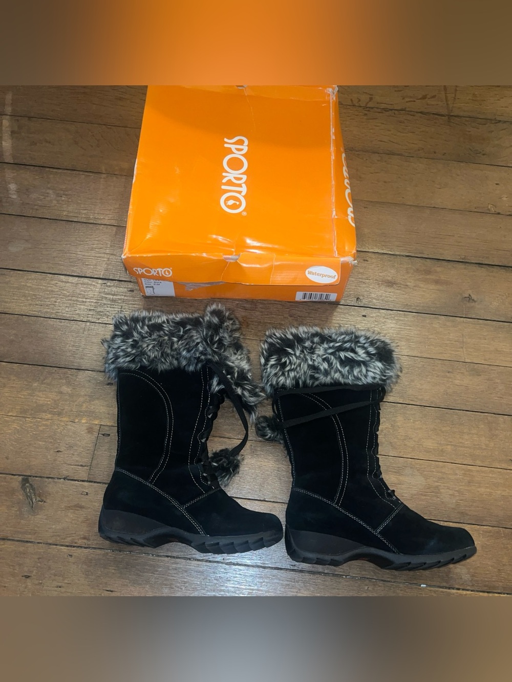 Sporto Black Suede Wedge Boots With Faux Fur - Size 6.5 M